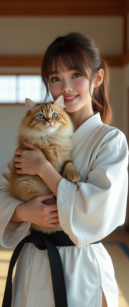 ((photogenic, photographic)), hold cat, (hold Persian cat, blue eye, shot hair), Front view , Full- body, beautiful Japanese, 1, (Light brown hair, short pony tail , Brown fringe eyes, Beautiful Lips, smile), (middle Breasts, middle Hips) ,((Karate White clothes, Karate White underwear, Black obi:1.3)), At the Karate Dojo, Standing on tatami mat, Textured skin ((Surrealism, Fujicolor, Fujifilm, UHD, retina, masterpiece, accurate, anatomically correct, textured skin, super detail, high details, high quality, best quality, 8k))