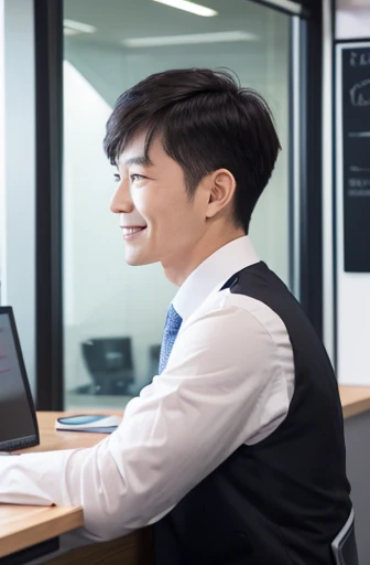 (Vibrant, High resolution:1.3),1 Male, Age 35, Slit eyes, Handsome, profile, smile, Short black hair, Height: 178cm, Healthy Body, Highly detailed face and eyes, Inside the office, Businessman