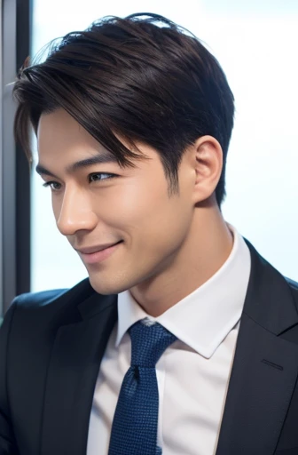 (Vibrant, High resolution:1.3),1 Male, Age 35, Slit eyes, Handsome, profile, smile, Short black hair, Height: 178cm, Healthy Body, Highly detailed face and eyes, Inside the office, Businessman