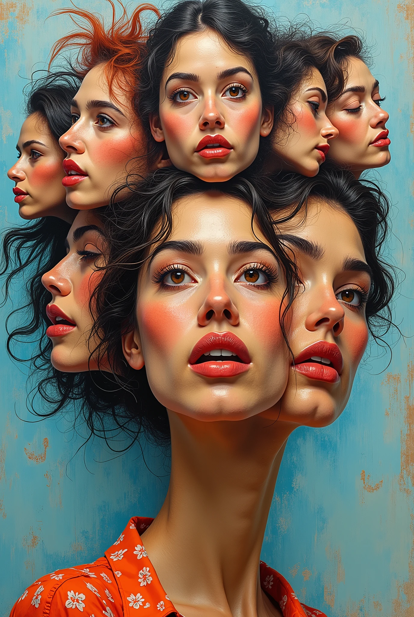 Expressionist artwork images of multiple floating heads of puerto rican women, 3d collage style, make it weird and gallery worthy