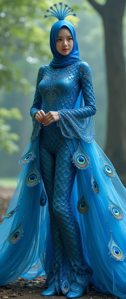 The beautiful,slender thin and clever asian muslimah adult female girl with beautiful and shiny cheeks wears jewel blue peacock animal lycra turtleneck unitard catsuit covered with scales and jewel blue peacock lycra elastane stretchy dancewear hijab covered with scales.She will open her huge beautiful peacock tail




