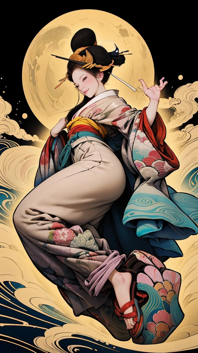 (SeaArt、I create amazing digital illustrations of beautiful women in kimonos)、Beautiful woman smiling and showing her upper white teeth、Vividly colored Ukiyo-e style illustrations、Brown-black long hair、Beautiful full body style、If you want to dance, Dance to the Tokyo Ondo, Good good、Beautiful new digital paintings,、 Bright and vibrant digital anime art、Beautiful anime portraits、The background is the torii gate of a Japanese shrine..、Detailed digital anime art、