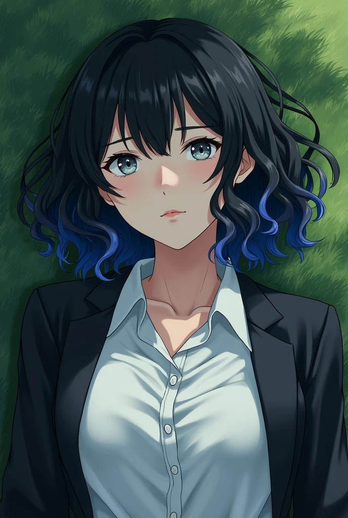 Girl, lying on the grass, black hair with some blue curls, the pupils of the eyes that are gray, wearing a white button-down shirt with a black jacket and a serious expression, turning to look to the side, disoriented and with a serious and not pretty mangaka style