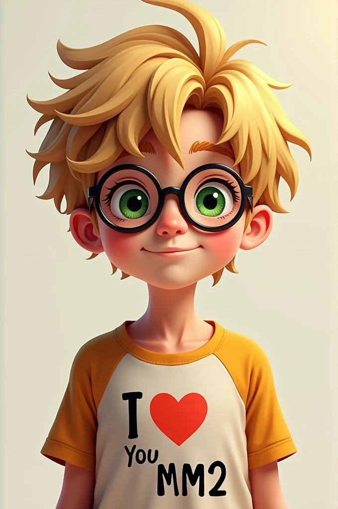 boy's messy blonde hair black round glasses shirt that says I love you mm2
eyes green