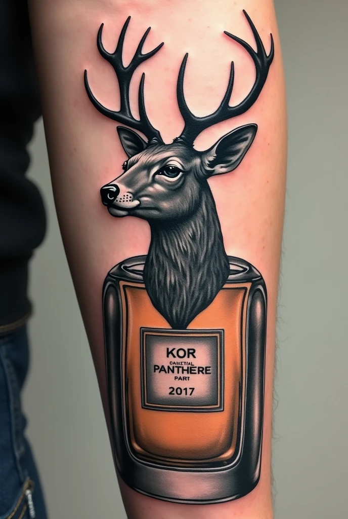 A tattoo of a perfume bottle with a deer head inside of the bottle, NOT THE CORK, similar to Cartier'sPanthère bottle