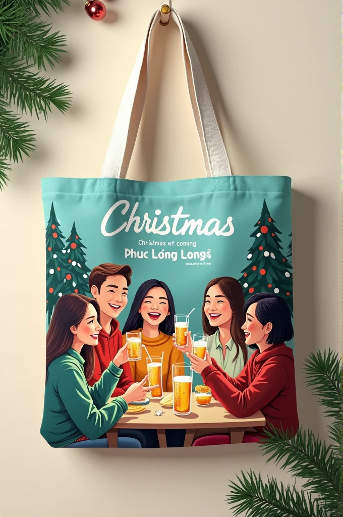 On the Tote bag there are friends gathered around ,holding a glass of Phuc Long water to drink. Christmas theme bag background with pine tree. The bag says Christmas is coming., Phuc Long waiting for you