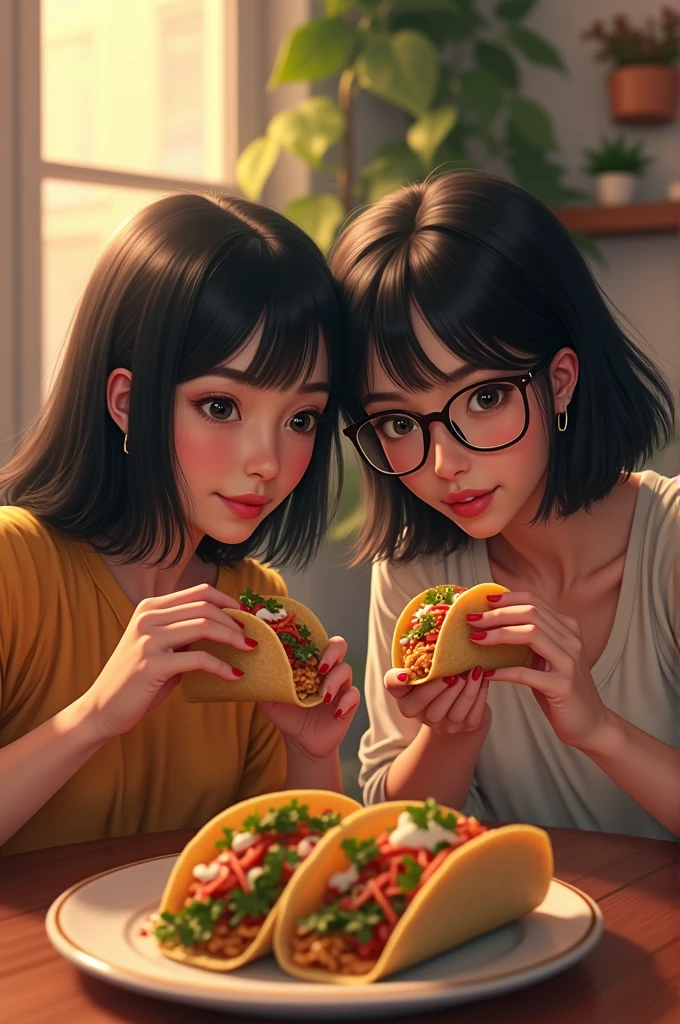 Create an image of two girls eating tacos, both with black hair, one with medium straight hair and the other with medium wavy hair, but the one with wavy hair is taller and wears glasses, both with medium hair. 
