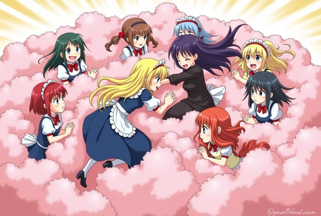 An anime-style illustration depicting many maids and many girls and princess and lady playfully wrestling with each other inside a pink comical fight cloud (dust cloud).
each girl and maid has different  colored hair: one princess with blonde braided and blue-eyes, and one lady with black long hiar and red-eyes.
their faces,hands,and feet are visible emerging from the cloud as they tussle humorously,  with the rest of their bodies completely hidden inside the cloud.
the illustration emphasizes the humorous and energetic nature of their scuffle,with a fluffy  and exaggerated fight cloud.