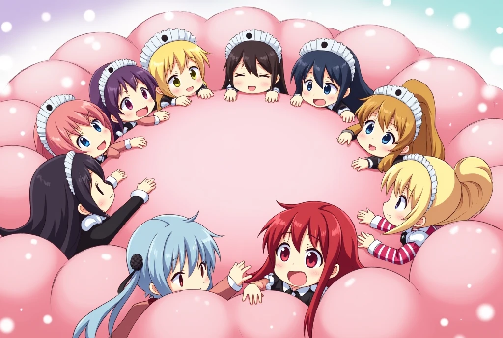 An anime-style illustration depicting many maids and many girls and princess and lady playfully wrestling with each other inside a pink comical fight cloud (dust cloud).
each girl and maid has different  colored hair: one princess with blonde braided and blue-eyes, and one lady with black long hiar and red-eyes.
their faces,hands,and feet are visible emerging from the cloud as they tussle humorously,  with the rest of their bodies completely hidden inside the cloud.
the illustration emphasizes the humorous and energetic nature of their scuffle,with a fluffy  and exaggerated fight cloud.