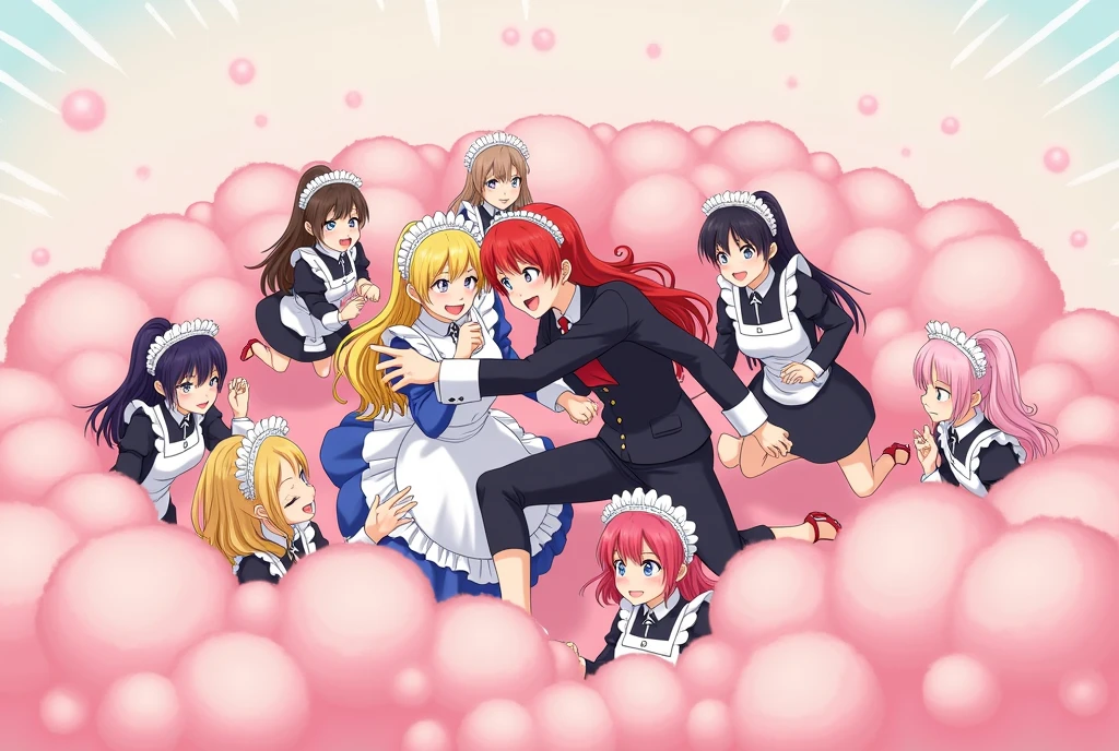 An anime-style illustration depicting many maids and many girls and princess and lady playfully wrestling with each other inside a pink comical fight cloud (dust cloud).
each girl and maid has different  colored hair: one princess with blonde braided and blue-eyes, and one lady with black long hiar and red-eyes.
their faces,hands,and feet are visible emerging from the cloud as they tussle humorously,  with the rest of their bodies completely hidden inside the cloud.
the illustration emphasizes the humorous and energetic nature of their scuffle,with a fluffy  and exaggerated fight cloud.