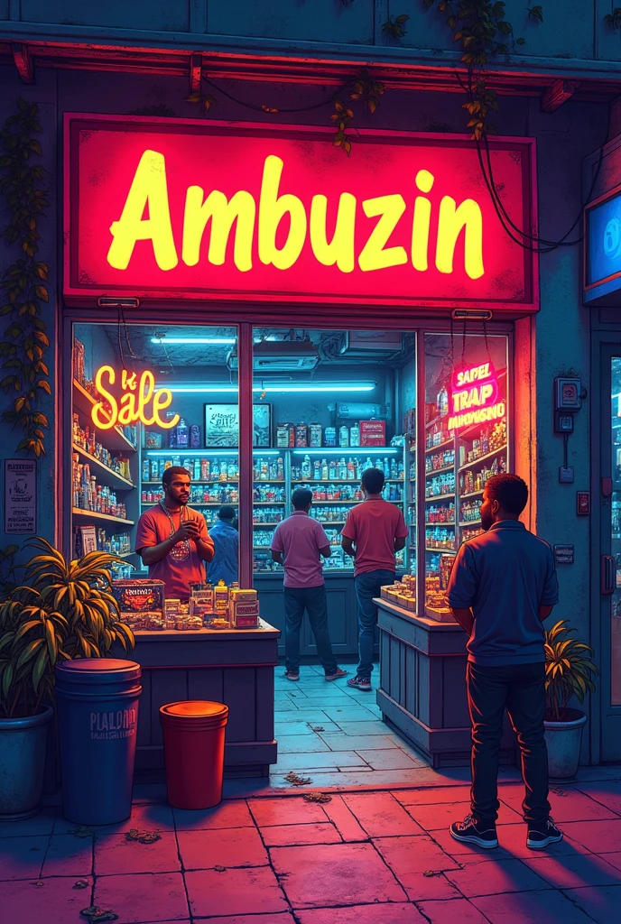 I want an album cover A trap/rap music cover that shows a colorful store with items from the trap/rap world, Lean cup, gold chains, weapons, drugs the name of the store is: ambuzin sale
