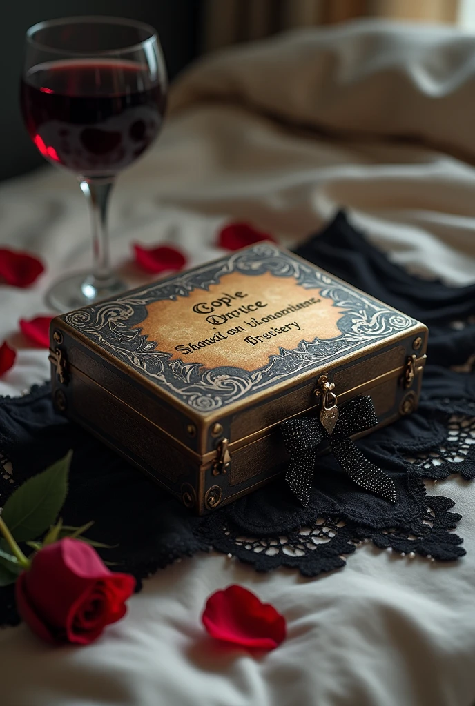 A mysterious metal box with carvings on the outside. An inscription in a strange language on the forehead.  The old hand-sized box is on top of a black lace thong on the bed.. The panties have a sparkling black bow in the sample. Behind the box, a glass of wine standing up and another lying down. A red rose laid on the box. Some petals on the bed.  Blurred room background 
