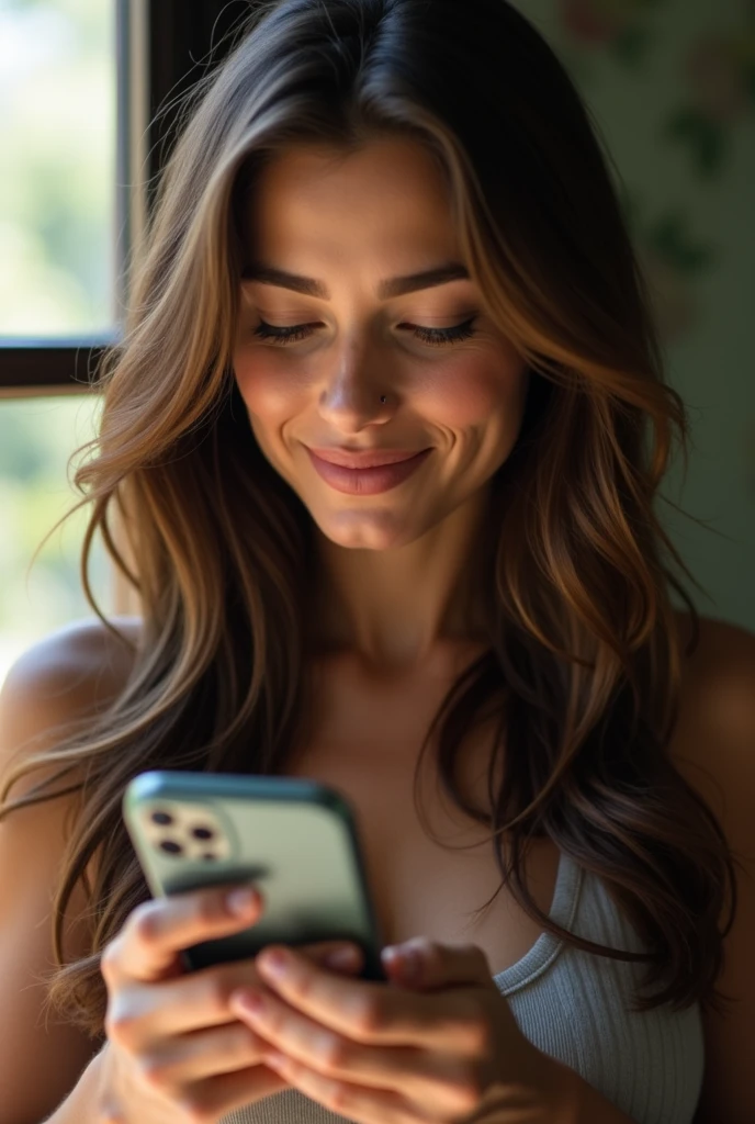 a Brazilian woman with long brown hair, holding smartphone, looking at smartphone, smiling, white dress shirt, detailed face, realistic, photorealistic, detailed eyes, detailed lips, detailed nose, beautiful intricate details, sharp focus, HDR, studio lighting, vivid colors, warm lighting