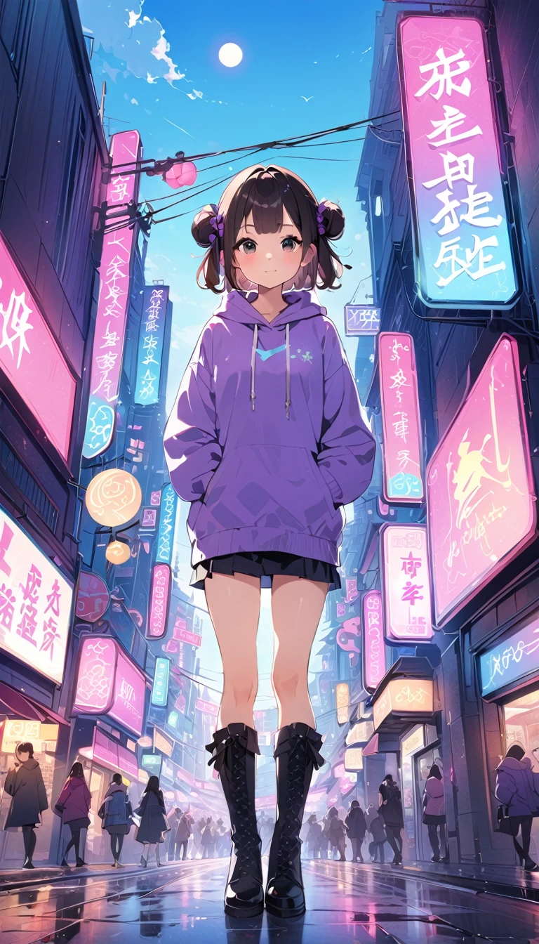 (((masterpiece, Highest quality, One person, alone))), (((two side bun hairstyle, Brown Hair,Side Up, Short eyebrows:1.5, Perfectly round eyebrows:1.8, bangs, Beautiful Eyes, Black Eyes))), (smug face, :3 face, smug face, Close your mouth, Red round cheeks, Mouth ω) View your viewers, 1, (((Navy blue Chinese style hoodie, Purple hoodie strings), Dark blue long boots)), Small breasts, ((whole body, arms behind)), from the front, full moon, A city full of neon lights in China, Many faint particles of light on the entire screen,