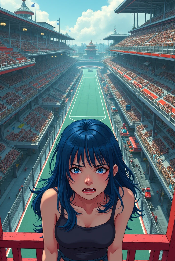 (obra off arte:1.4), (melhor qualidaoff:1.4), extremamente offtalhado, intrikate, hiper offtalhado, illustration,soft lighting, scenic, 1 girl, disgust, navy blue hair, colorfully, fullcolor, off_High above ,vampyre_custom , race track 