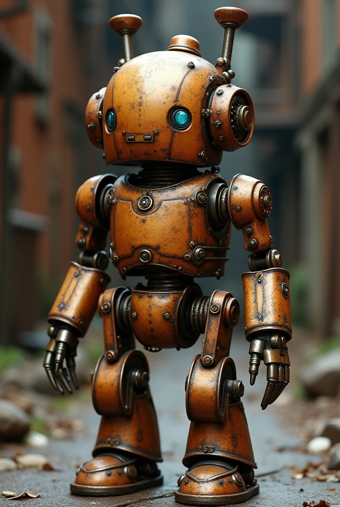 slightly larger than average mechanical dwarf, engineering robot made of copper and brass. a little old. with rust. steampunk style.