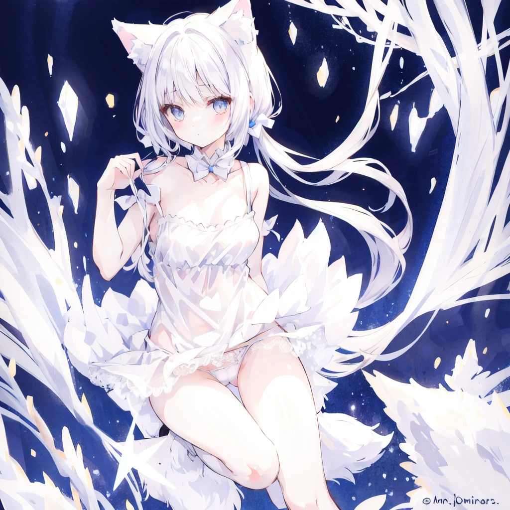 Bare shoulders，Plump breasts，white cat ears，Small white vest，White lace panties