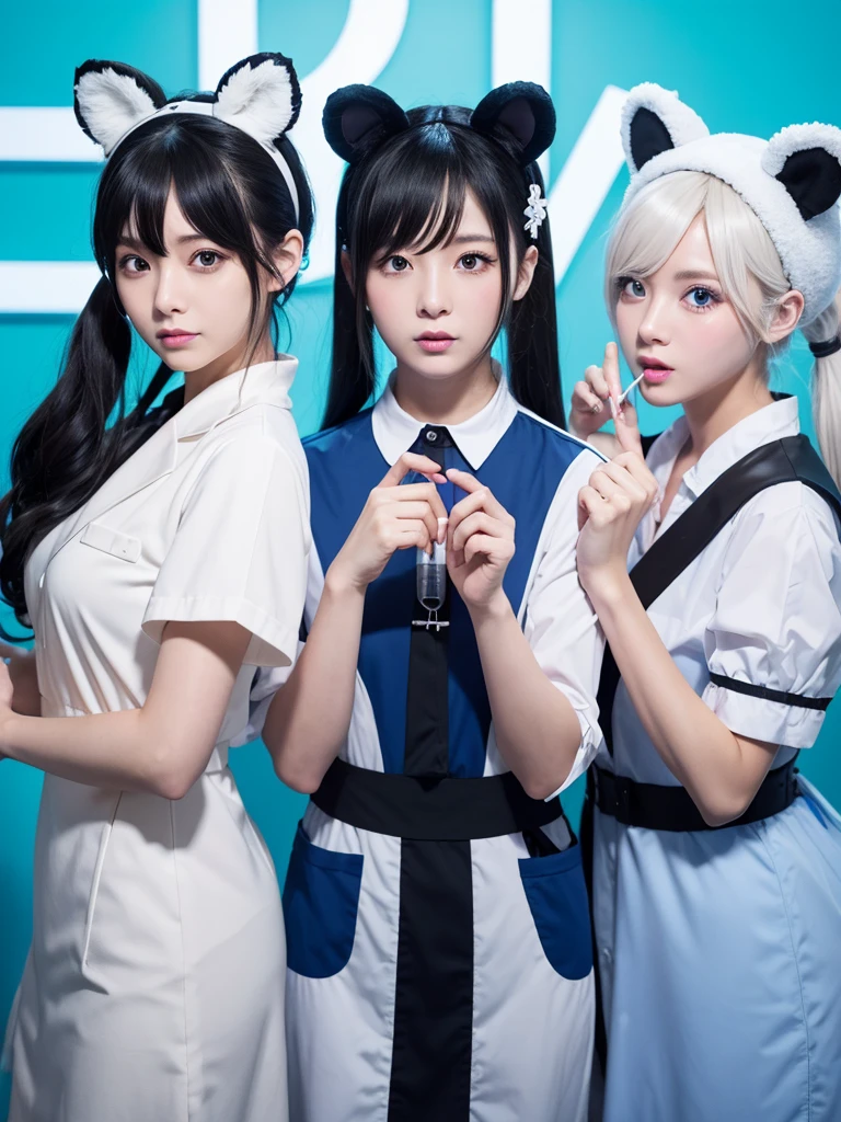 Three people、White、Black Hair, Shortcuts, ponytail, sing、High-resolution model, anime, medicine、trio、character、white bear、Cosplay、Perfume、Techno Pop、medicine局、Bear ears, Open your mouth, blue eyes, Overlooking,