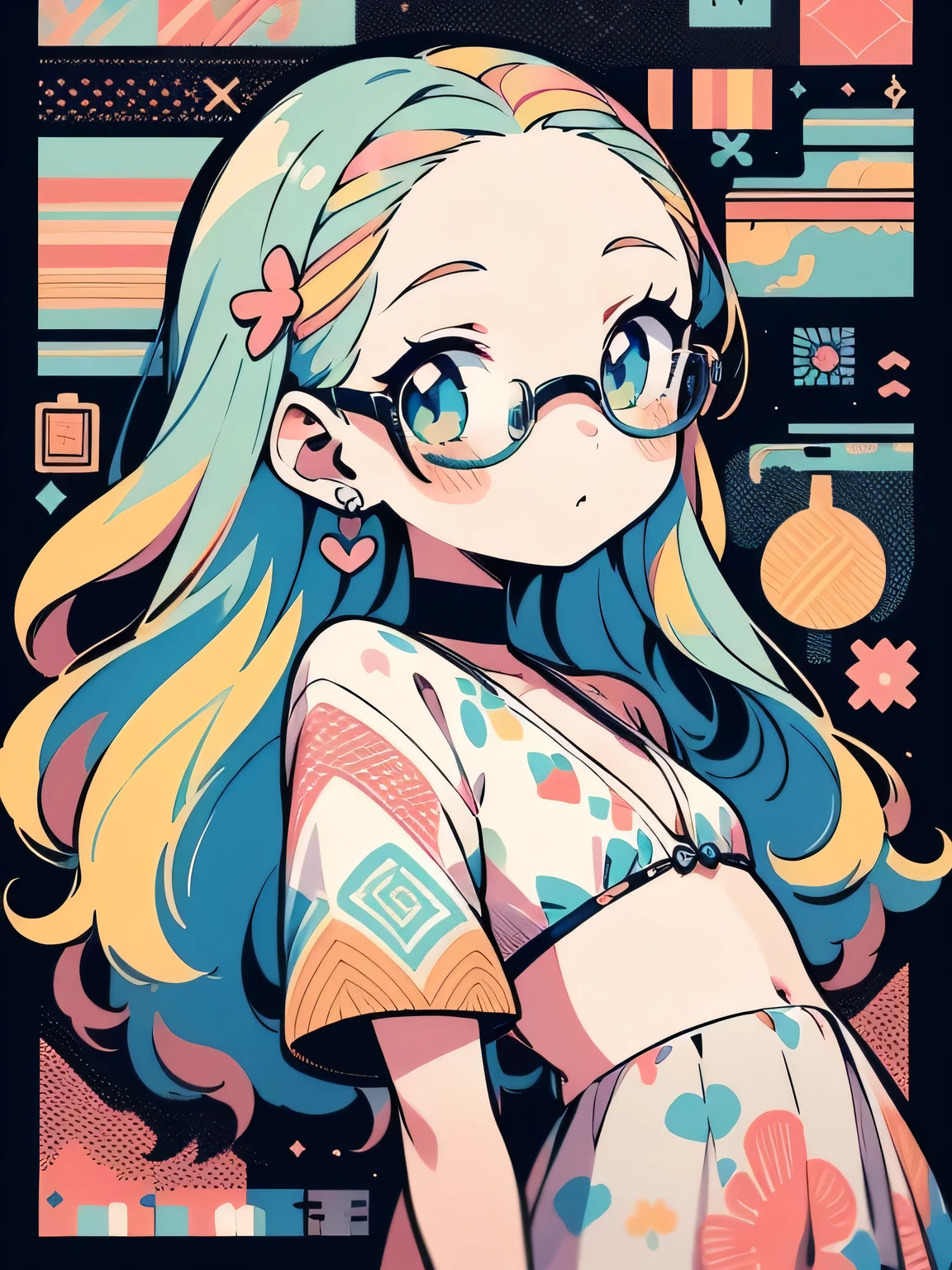 sideview,hightquality、((Kawaii 2Girls))、向かい合わせ、Colorful color palette、high-level image quality、(big forehead),long thin straight hair,glasses,micro bikini,Unprecedented amount of drawing、anime styled、Geometric pattern background、front facing、sticker style