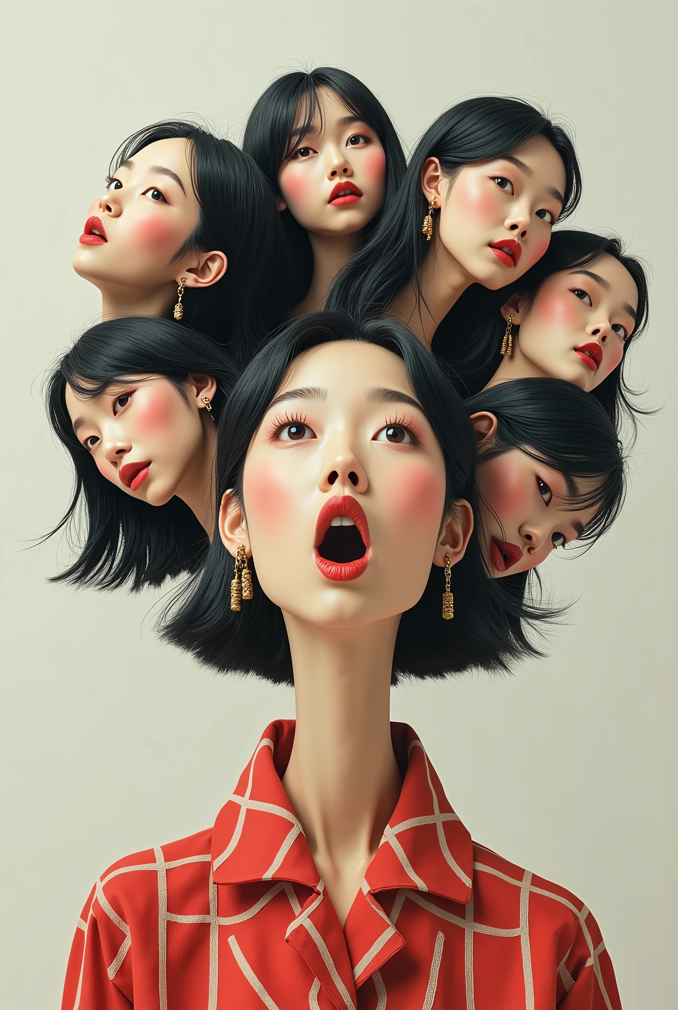 Expressionist artwork images of multiple floating heads of korean women, 3d collage style, make it weird and gallery worthy