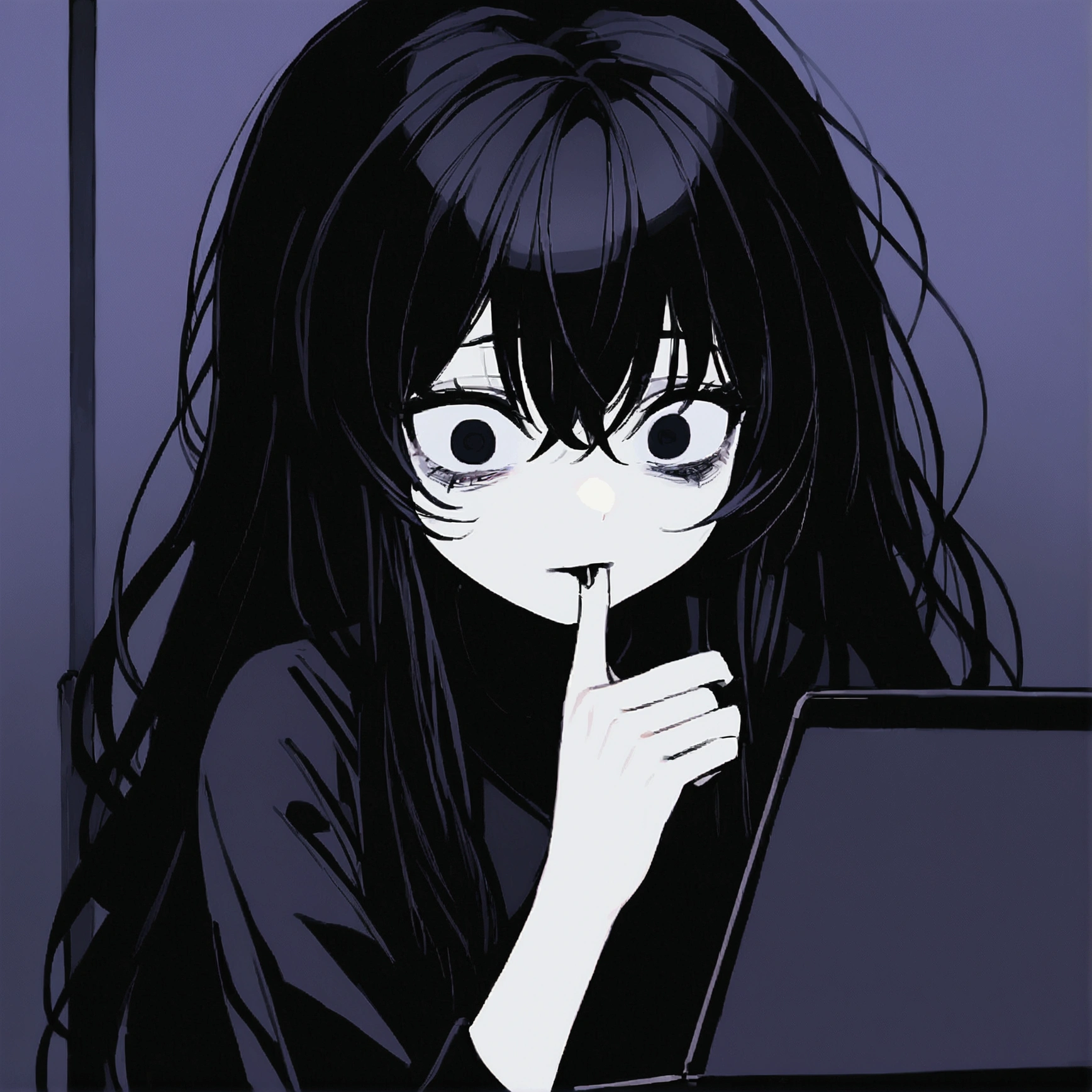 2 young girl, slightly messy long hair, looks sick, has pale skin and dark circles under her eyes, thin and , wears black clothes, is Korean, has big, black, deep eyes, is inspired by the character L from Death note.She is in a dimly lit office while fiddling with a laptop and biting her thumb 