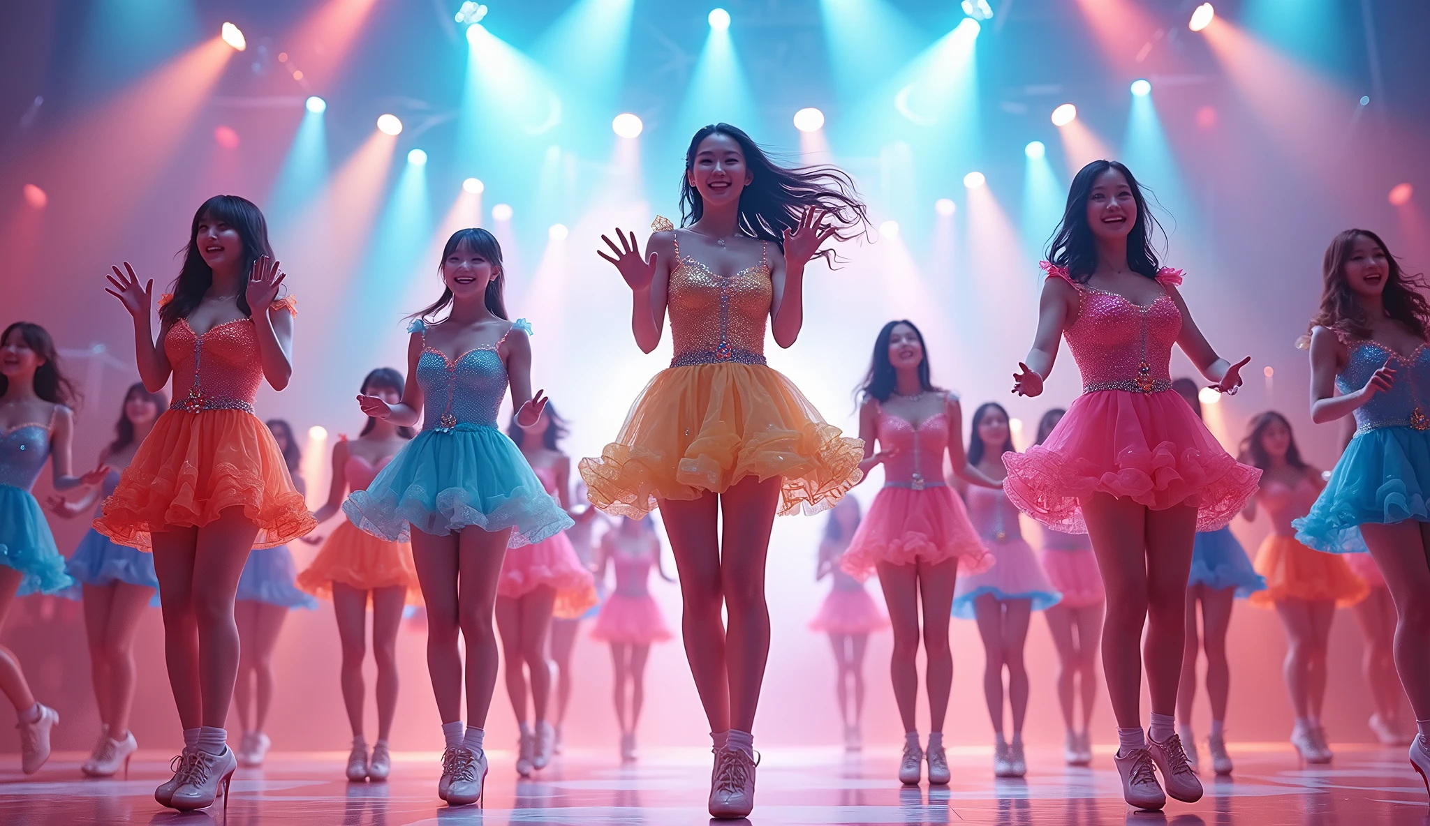 48 women, Japanese idol, kawaii, happy, smile, singing, dancing, on stage, colorful lighting,jumping