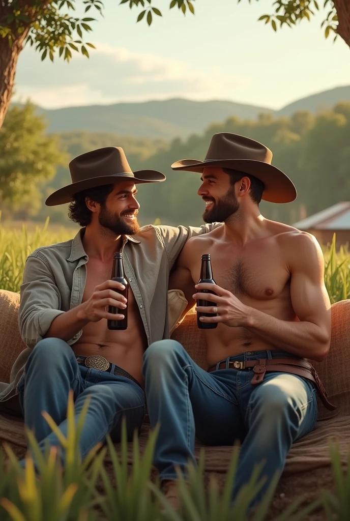 2 handsome cute attractive cowboy man sitting on a farm drinking beer young cute man without beard without shirt the other one has short beard and wears shirt arrayas handsome attractive man boyfriends