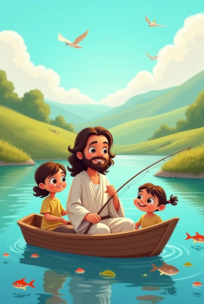 Cartoon Jesus in a boat with a girl and a boy fishing and fish