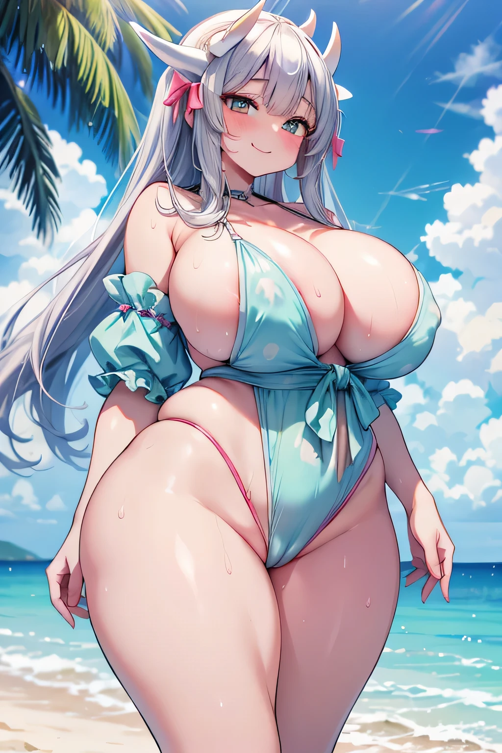 Hentai、High resolution、smile、Her breasts are super big、Kiyohime、Tanned, chubby, slutty gal spreads her legs to show off her shaved pussy on a secret beach、Perfect proportions、Cowboy Shot、Fatty thick legs、Sweaty、Clear eyes