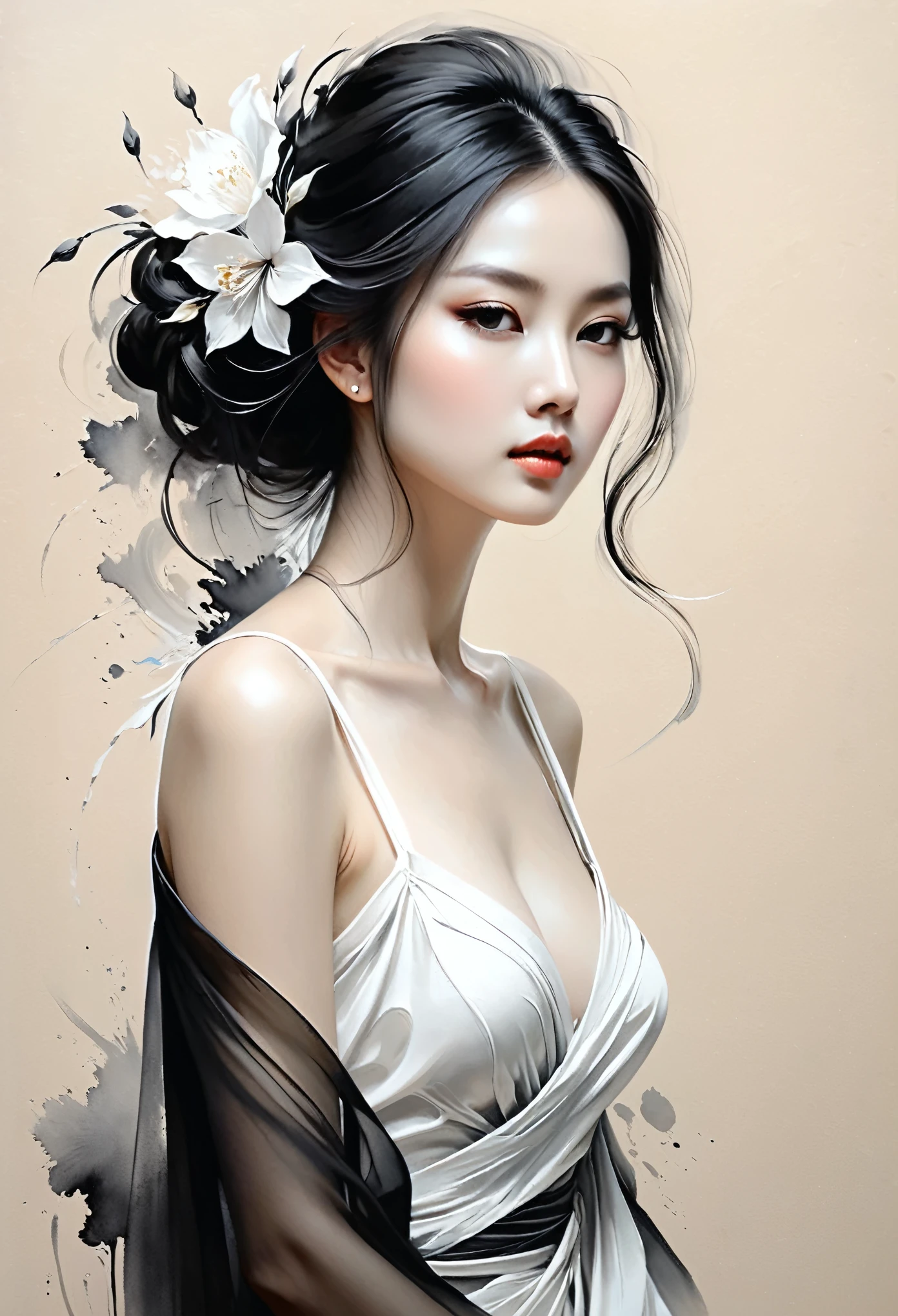 elegant maiden,black andwhite水墨画,loose brushwork,Pen outlines delicate lines,Fluid action,Subtle shades of paint,elegant posture,A peaceful expression,Delicate facial features,black andwhite,to clean