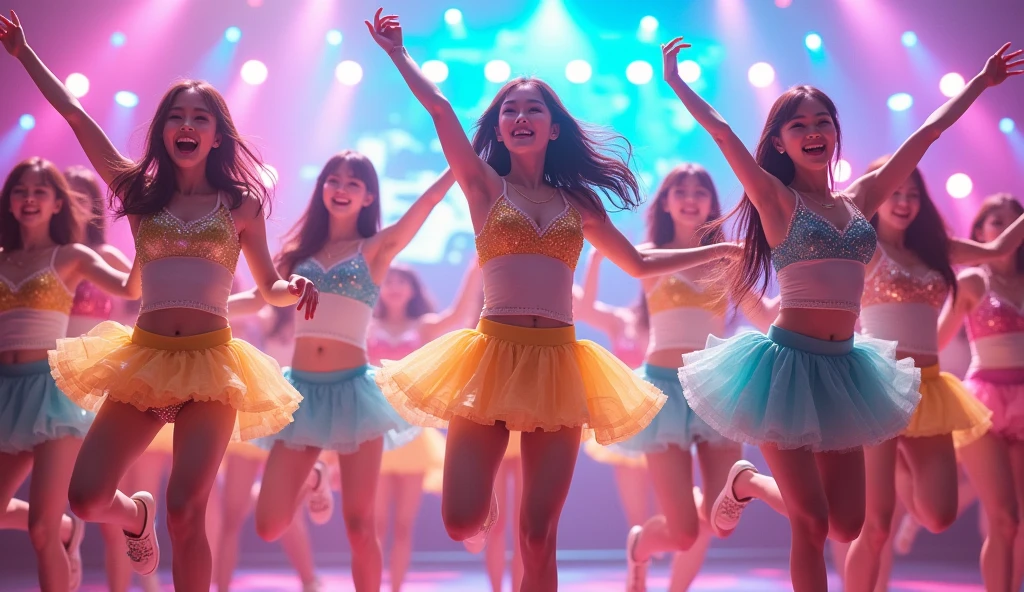 48 women, Japanese idol, kawaii, happy, smile, singing, dancing, on stage, colorful lighting,jumping