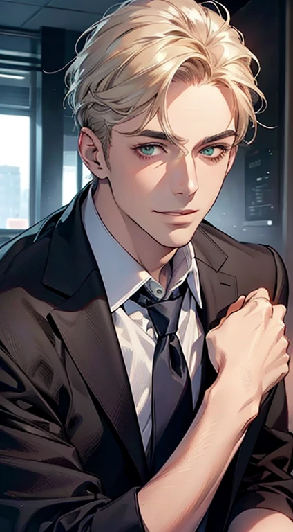 (Highest quality,4K,8K,High resolution,masterpiece:1.2),Super detailed,(Realistic,photoRealistic,photo-Realistic:1.37),1 personld,Mature Men,Beautiful skin、very handsome,Expressionless smile in love,Short white hair,green eyes,Sharp Eyes,A perfect face without a doubt,Businessman, CEO, Office Background,Cinema Lighting,HDR image,tie、