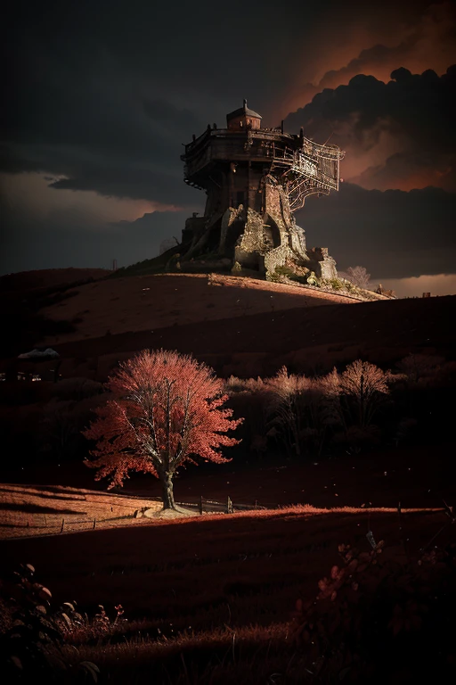 a cherry blossom tree in the middle of a red hell, in the style of medieval art, intricate detailed painting, highly detailed, masterpiece, 8k, hyper realistic, vivid colors, dramatic lighting, moody atmosphere, gothic horror, dark fantasy, lush foliage, twisted branches, gnarled roots, hellfire landscape, burning sky, glowing embers, ominous clouds, dramatic shadows, somber color palette, chiaroscuro lighting