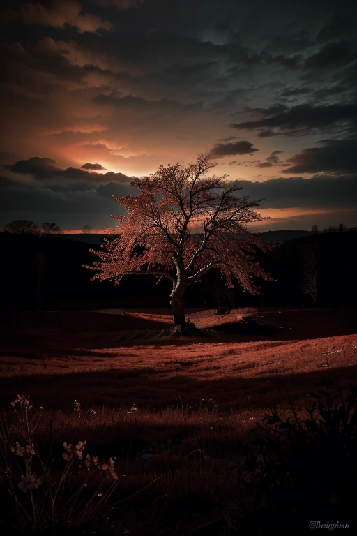 a cherry blossom tree in the middle of a red hell, in the style of medieval art, intricate detailed painting, highly detailed, masterpiece, 8k, hyper realistic, vivid colors, dramatic lighting, moody atmosphere, gothic horror, dark fantasy, lush foliage, twisted branches, gnarled roots, hellfire landscape, burning sky, glowing embers, ominous clouds, dramatic shadows, somber color palette, chiaroscuro lighting