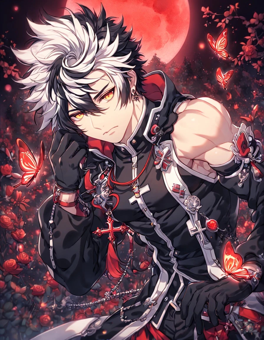 absurdres, highres, ultra detailed, HDR, master piece, best quality, extremely detailed, detailed face, detailed eyes, Raven, spiked hair, bicolor hair, right side black hair, left side white hair, expressive yellow eyes, Elsword, solo, sexy man, handsome, manly man, adult face, black coat, sleeveless, detached sleeves, cross necklace, black gloves, magical, fantasy, under a red trees, forest, red leaves, red flames, red moon, red fireflies, red roses, red butterflies, glass magic