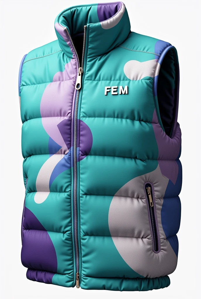 A uniform-colored quilted vest for a minimalist and creative advertising agency, with curved designs, with turquoise colors, purple, white and silver, and the letters FEM in large letters at the bottom left and the text @fullempresas in small in the chest