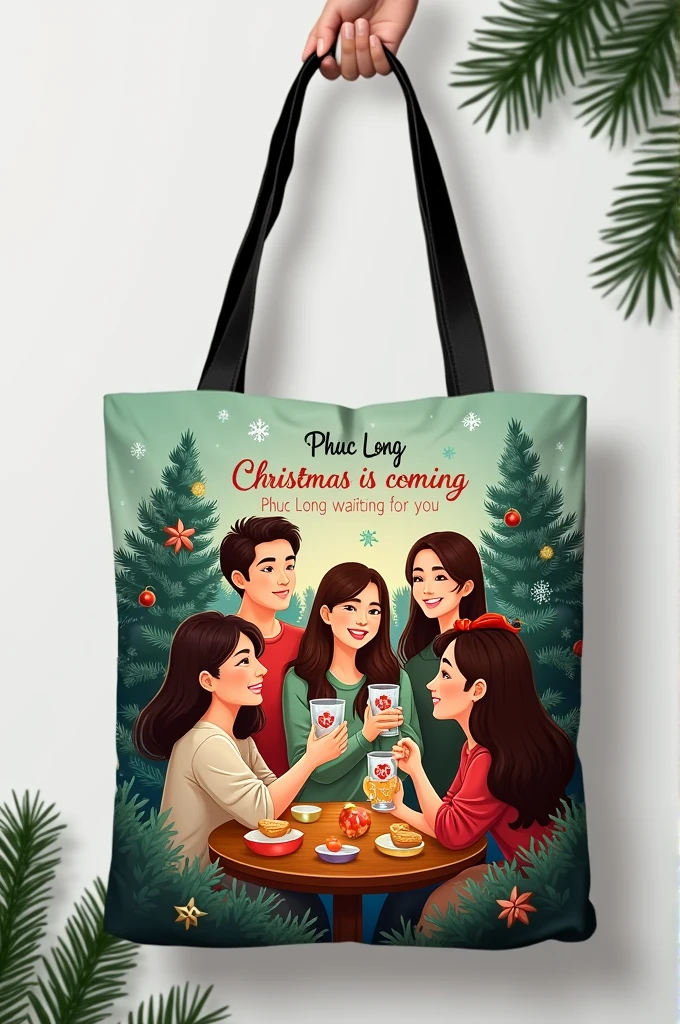 On the Tote bag there are friends gathered around ,holding a glass of water with Phuc Long logo to drink. Christmas theme bag background with pine tree. The bag says Christmas is coming., Phuc Long waiting for you