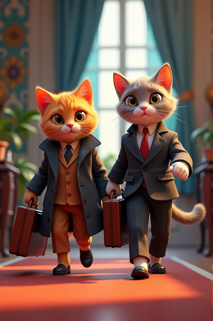 there are two cats that are walking in a room with a suitcase, world boss kitten, new cats movie, anthropomorphic cat, 3 d animated movie, cat masterpiece, spy x family, promotional render, well - dressed, anthropomorphic female cat, badass composition, 2022 movie, anime visual of a cute cat, scene from live action movie
