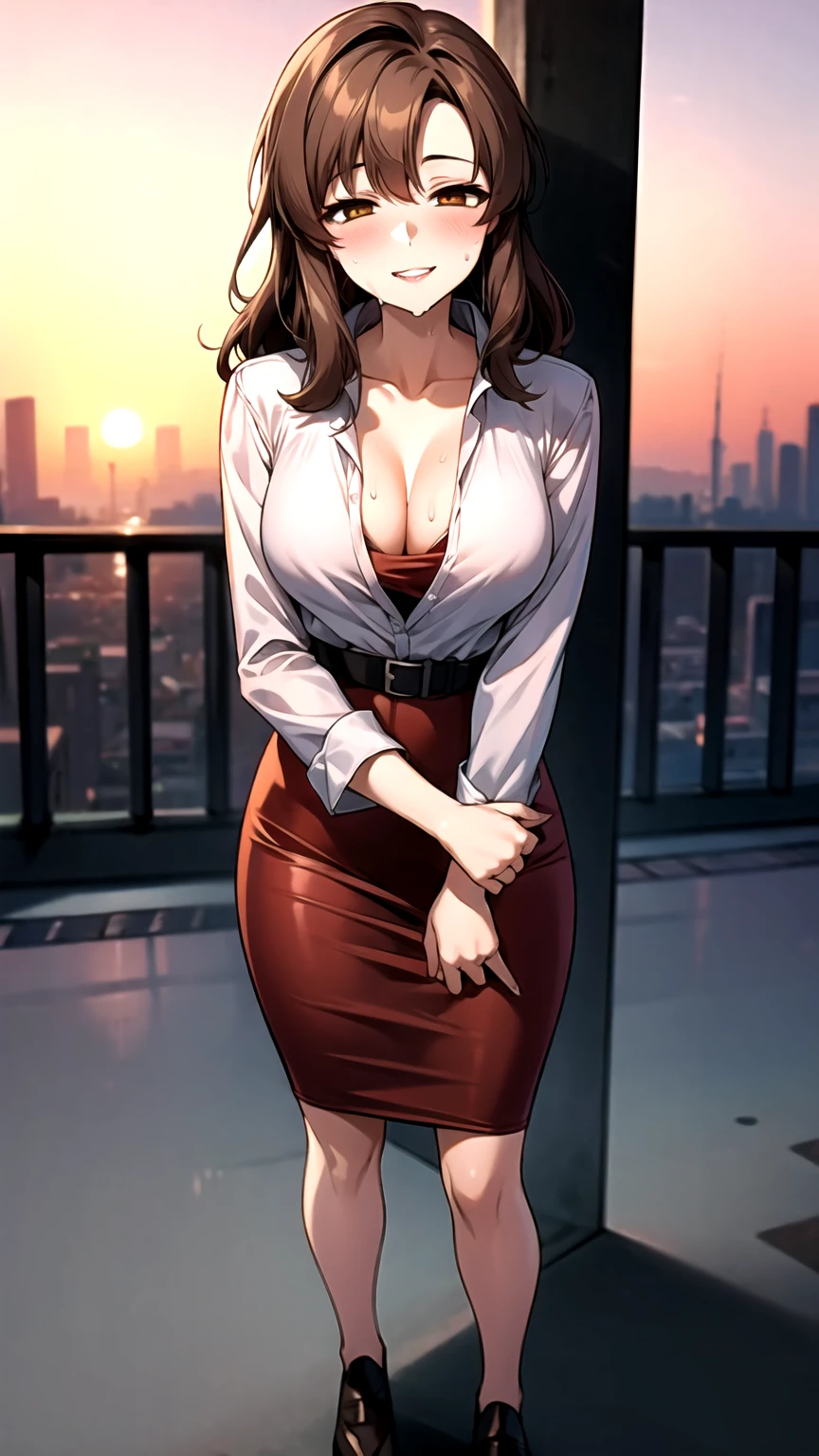 ((super high quality,Ultra-high resolution,16K,super masterpiece,Ultra HD ,Detailed shading,))Full body photo,A hill illuminated by the setting sun,One sexy mature woman,((popped Tight collar Pink shirts,SEXY cleavage,))Folded sleeves,Red pencil skirt,Brown medium long hair,Hair disheveled by the wind,smile,blush,Thick lips,Sweaty,A small amount of drooling,slouch,Put your hands between your legs,