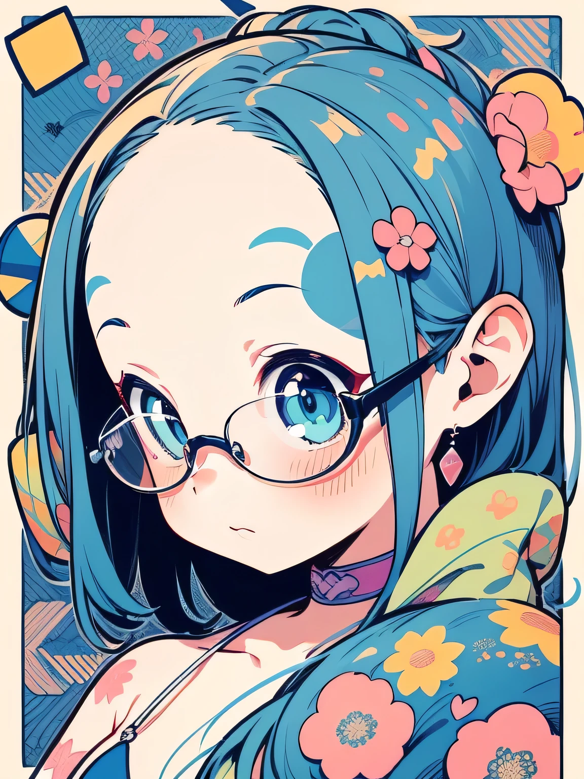 sideview,hightquality、((Kawaii 2Girls))、向かい合わせ、Colorful color palette、high-level image quality、(big forehead),long thin straight hair,glasses,micro bikini,Unprecedented amount of drawing、anime styled、Geometric pattern background、front facing、sticker style