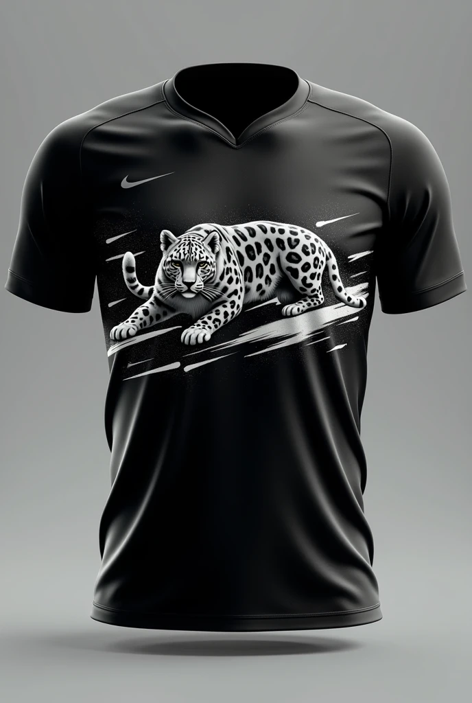 Create team jersey design images in front with black color with a white shaded snow leopard design highlighted horizontally