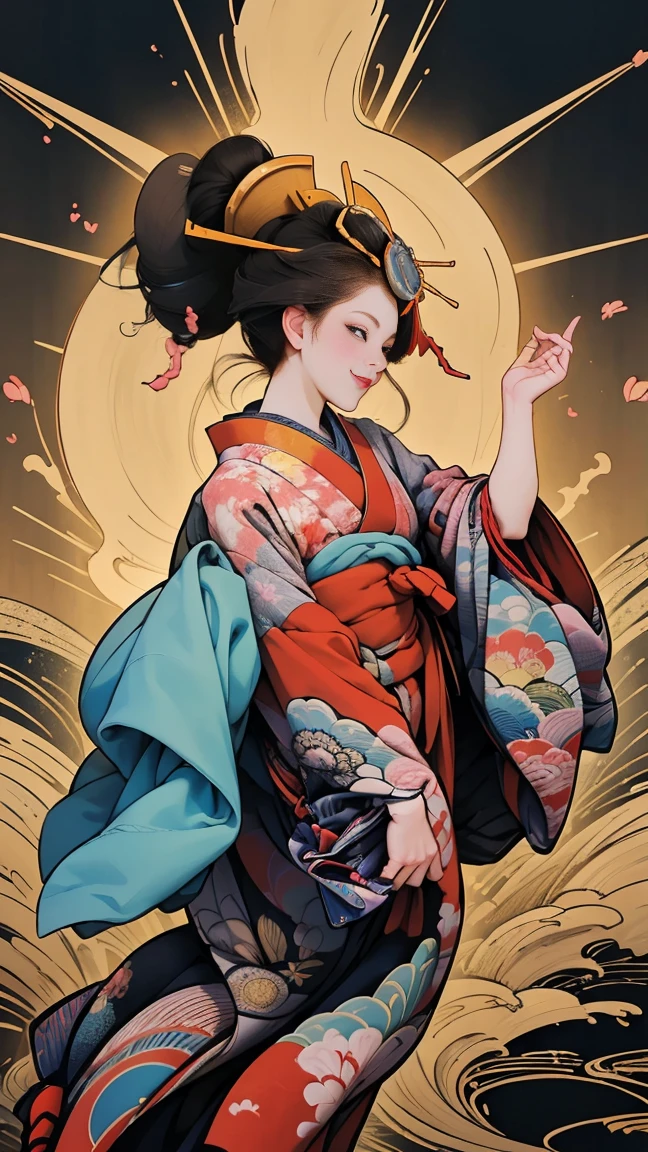 (SeaArt、I create amazing digital illustrations of beautiful women in kimonos)、Beautiful woman smiling and showing her upper white teeth、Vividly colored Ukiyo-e style illustrations、Brown-black long hair、Beautiful full body style、If you want to dance, Dance to the Tokyo Ondo, Good good、Beautiful new digital paintings,、 Bright and vibrant digital anime art、Beautiful anime portraits、The background is the torii gate of a Japanese shrine..、Detailed digital anime art、