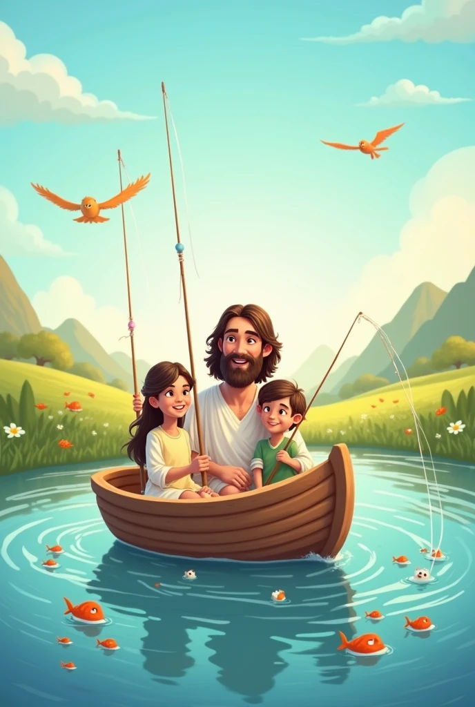 Cartoon Jesus in a boat with a girl and a boy fishing and fish