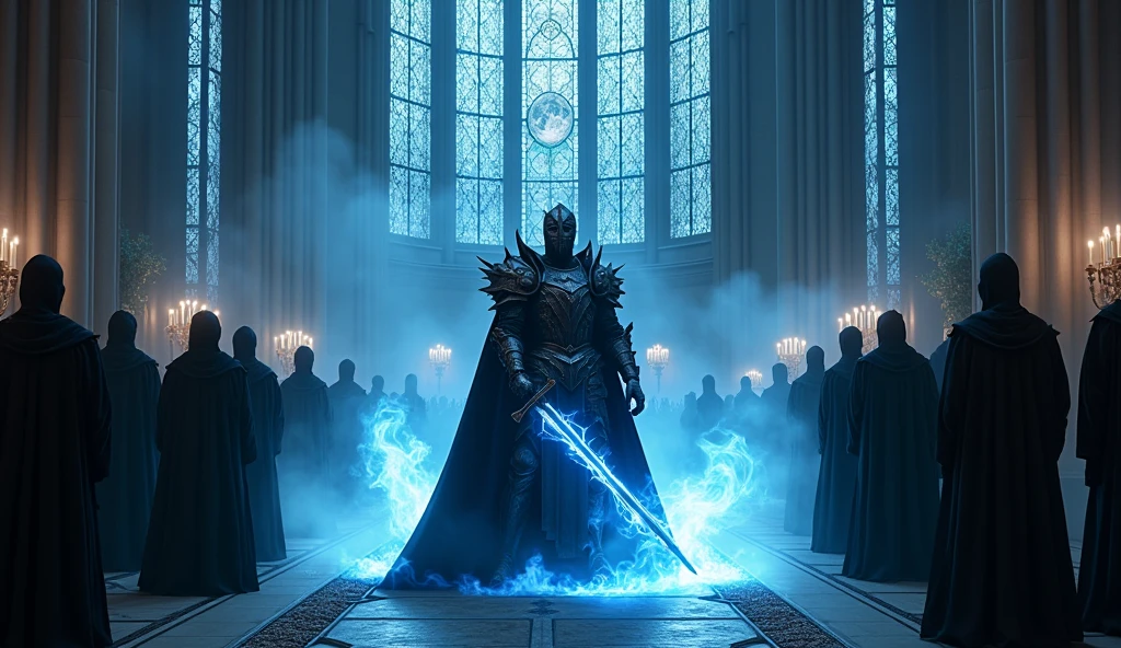 8k、Equipped with dark knight armor and sword ,large stained glass ,(number々の賞を受賞したmasterpiece、Incredible detail、Texture、Maximum details),blue flame candle, (summoning magic),(A cave with beautiful moonlight late at night), (dark ritual),(dark organization)arafed image of a group of people in a church with candles,lit candle, dark cinematic concept art, elegant cinematic fantasy art, photorealistic dark concept art, by Beeple, dark robes, wojtek fus, gothic epic library concept, gothic epic library, epic cinematic concept art, dark concept art, Beeple and mike winkelmann, symmetrical epic fantasy art, High resolution, masterpiece, Highest quality, Intricate details, Very detailed, Clear focus, practical skin texture, texture, Shot with Canon, 85mm, Shallow and deep, Kodak Vision Color, Exactly, Very detailed, photograph_\(Extremist\), photographpractical, practical, Post-processing, Maximum details, Roughness, Real Life, Extremist practical, Photorealism, photographgraphy, 8K Ultra HD, photographgraphy