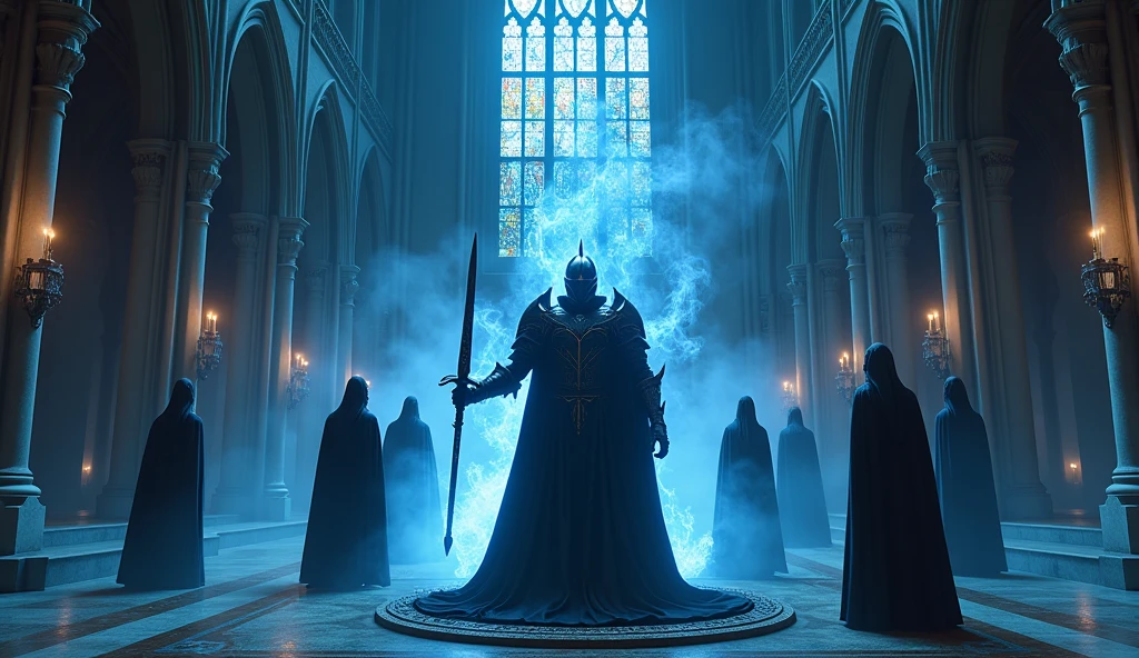 8k、Equipped with dark knight armor and sword ,large stained glass ,(number々の賞を受賞したmasterpiece、Incredible detail、Texture、Maximum details),blue flame candle, (summoning magic),(A cave with beautiful moonlight late at night), (dark ritual),(dark organization)arafed image of a group of people in a church with candles,lit candle, dark cinematic concept art, elegant cinematic fantasy art, photorealistic dark concept art, by Beeple, dark robes, wojtek fus, gothic epic library concept, gothic epic library, epic cinematic concept art, dark concept art, Beeple and mike winkelmann, symmetrical epic fantasy art, High resolution, masterpiece, Highest quality, Intricate details, Very detailed, Clear focus, practical skin texture, texture, Shot with Canon, 85mm, Shallow and deep, Kodak Vision Color, Exactly, Very detailed, photograph_\(Extremist\), photographpractical, practical, Post-processing, Maximum details, Roughness, Real Life, Extremist practical, Photorealism, photographgraphy, 8K Ultra HD, photographgraphy