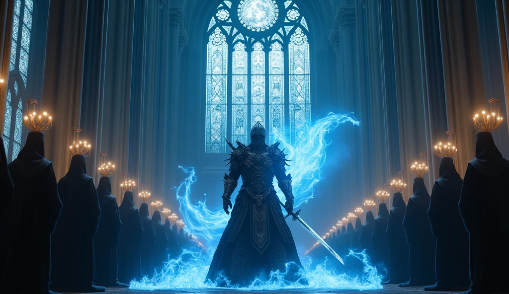 8k、Equipped with dark knight armor and sword ,large stained glass ,(number々の賞を受賞したmasterpiece、Incredible detail、Texture、Maximum details),blue flame candle, (summoning magic),(A cave with beautiful moonlight late at night), (dark ritual),(dark organization)arafed image of a group of people in a church with candles,lit candle, dark cinematic concept art, elegant cinematic fantasy art, photorealistic dark concept art, by Beeple, dark robes, wojtek fus, gothic epic library concept, gothic epic library, epic cinematic concept art, dark concept art, Beeple and mike winkelmann, symmetrical epic fantasy art, High resolution, masterpiece, Highest quality, Intricate details, Very detailed, Clear focus, practical skin texture, texture, Shot with Canon, 85mm, Shallow and deep, Kodak Vision Color, Exactly, Very detailed, photograph_\(Extremist\), photographpractical, practical, Post-processing, Maximum details, Roughness, Real Life, Extremist practical, Photorealism, photographgraphy, 8K Ultra HD, photographgraphy