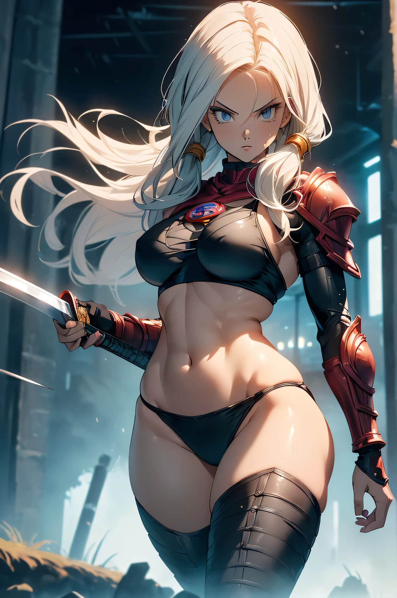 (Highest quality,4K,High resolution,masterpiece:1.2), (Ultra-detailed), (Slender beauty)(Age 27)(Holding a sword:1.3) (Dynamic Art), (looking at the camera) (Dragon Ball Z setting), (The whole body is visible)(Vision:1.8), (Realist,Photorealist,photo-Realist:1.37), (High resolution,High resolution), (Portraiture), (Vibrant colors), (Long legs), (A noticeably elongated face), (Wide range) (Beautiful Fine grain), (Beautifully detailed lips), (Highly detailed eyes and face), , Bright eyes Dynamic angles and postures, Soaked in sweat, Sweat,  (Long eyelashes), (Sharp focus), (Physically Based Rendering), (8 heads,Beautiful female warrior), (Mature Woman) (Leg spread), (intense), (expression of intense desire), (Motion Blur), (elegant), (Slim figure:1.3), (Inspired by anime), (Bright light), (Cinema Lighting), (Contrasting colors), (Mysterious atmosphere), (Action-packed scenes), (Unique Look), (impressive), (Reveal costumes), (Exciting), (Expressive), (Interesting atmosphere), (monster:1.4) ((Highest quality)),((Very detailed)),masterpiece,absurdes,Detailed face,Beautiful Face,(Fine grain, Deep Eyes),((Dynamic pose)), (((Long white hair,Adult beauty,Inspired by Akira Toriyama))),(((Bikini Armor))),grassland,Fighting with monsters Distant view Vision Wide shot Wide angle Long shot