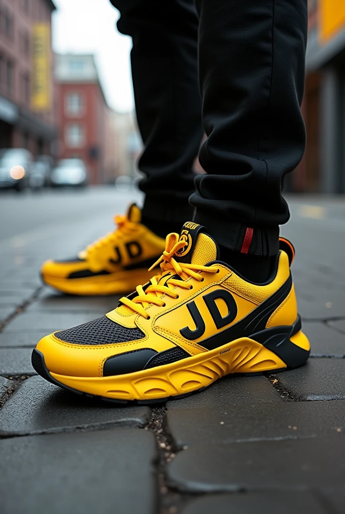 Create a style of yellow and black sneakers with jd initials