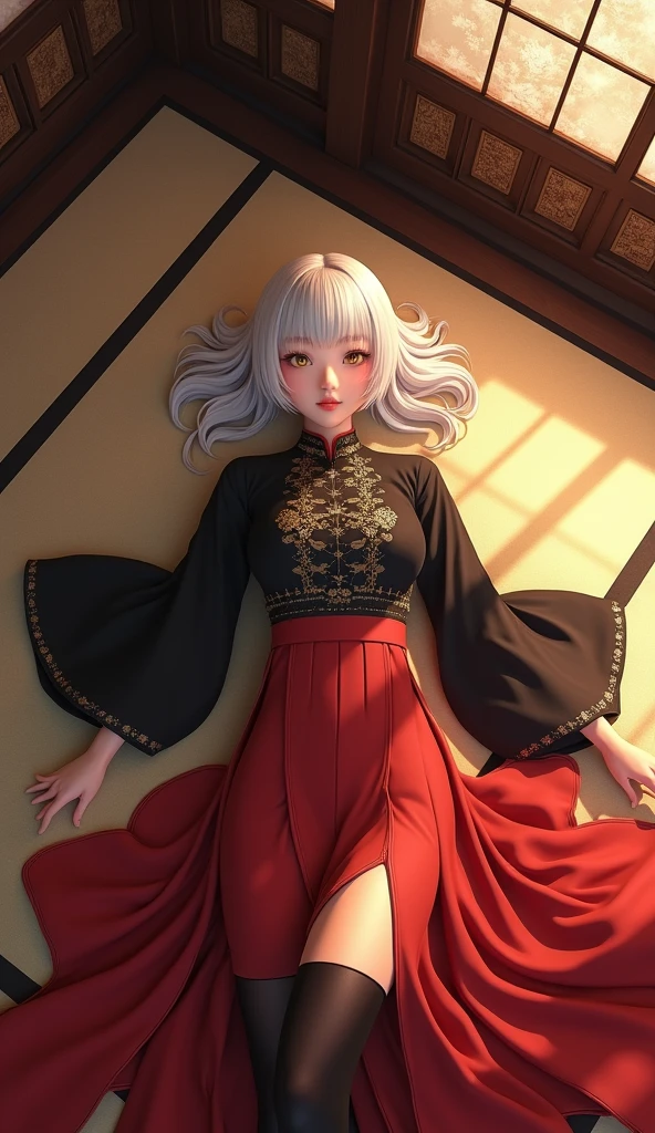 "A young woman with short hair, white and smooth, yellow  eyes. wearing a traditional Chinese imperial costume. The garment is composed of a black top with elaborate details, that accentuates her elegant silhouette, and a red skirt that flows gracefully around her toned legs. She also wears long thigh-high stockings that accentuate her athletic legs. The young woman is gracefully lying on a luxurious bed with her hands behind her head in a magnificent Japanese room, viewed from a top-down perspective. Seus yellow  eyes intensos e brilhantes. The depth and brightness of the eyes convey a mixture of mystery and sweetness, reinforcing her shy and cute expression. The room is elegantly decorated, With traditional tatami mats, dark wood paneling, and shoji that filter the soft light of the environment."
