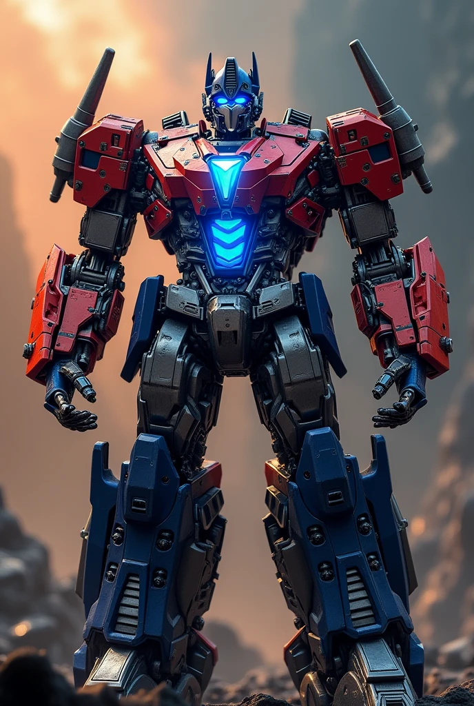 Highly detailed Optimus Prime transforming robot, extremely realistic and intricate mecha design, glowing blue Energon reactor core, dynamic action pose, Photorealistic, 8K, High resolution, Cinematic lighting, Moody sci-fi atmosphere, Warm color tones, Flawless 3D rendering, Cinematic camera angle, Masterpiece